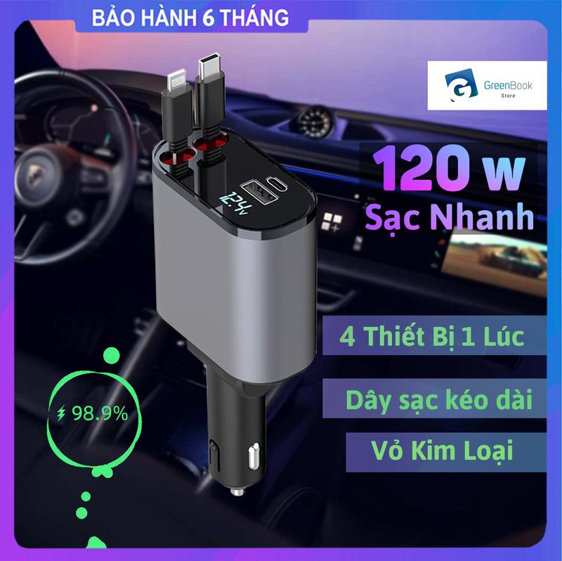  Bộ Sạc Nhanh Ô Tô 4 trong 1 Sạc Nhanh 120w Dây Sạc Kéo Dài 4 Cổng USB Type C Lightning | Tẩu Sạc Hợp Kim 