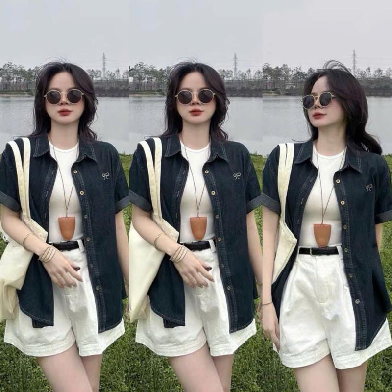 Sét bộ đồ nữ chất jean 4 món áo lót trong phối áo khoác ngoài chất jean xinh xắn mix quần đùi kaki trẻ trung kèm nịt