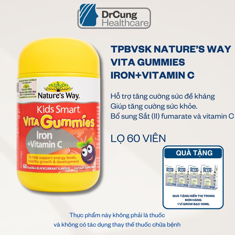 TPBVSK Nature’s Way Kids Smart Vita Gummies Iron + Vitamin C LỌ 60 VIÊN HSD T10 2026 Bổ sung sắt và vitamin C cho trẻ MUA 1 LỌ TẶNG 1 VỈ SỮA GROW PLUS BẠC 110ML