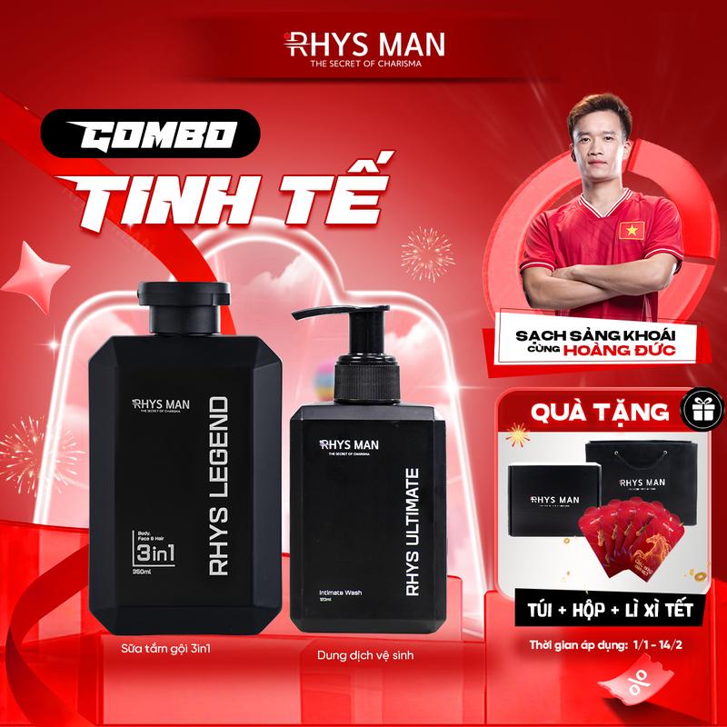   Quà tặng Giáng sinh  Combo Tinh Tế Rhys Man - Sữa tắm gội hương nước hoa cao cấp 350ml & Gel vệ sinh nam 120ml | Tặng : 1 Set Hộp & Túi Dưỡng Thể 