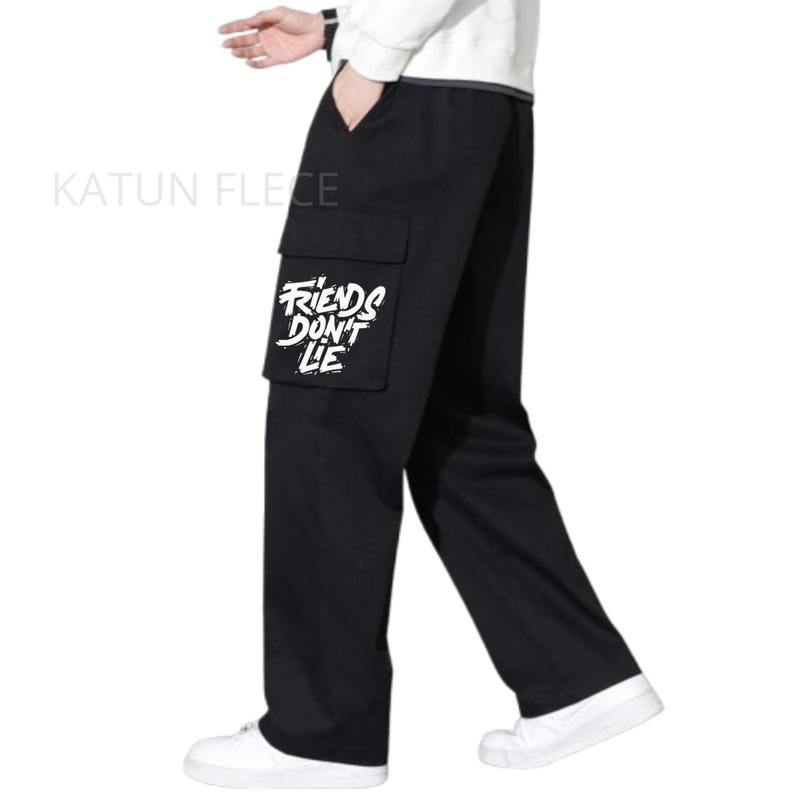 Product Introduction of Celana Panjang Cargo Bahan Fleece Motif Friend Don't Lie Cargo Fleece Long Pants Celana Panjang Flecee Pria Wanita Warna Hitam Model Skena 2