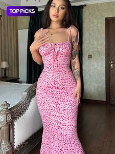 Vestido de sirena sin espalda con estampado floral menudo y hombros con lazo, elegante vestido camisola maxi ajustado con lazo al frente para fiesta de vacaciones, ropa de verano para mujer, vestidos de verano para mujer