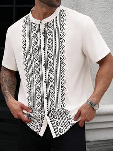 Camisa de hombre de talla grande con textura geométrica vintage, manga corta y bolsillo con botón, ideal para uso casual diario y combinaciones de moda en verano