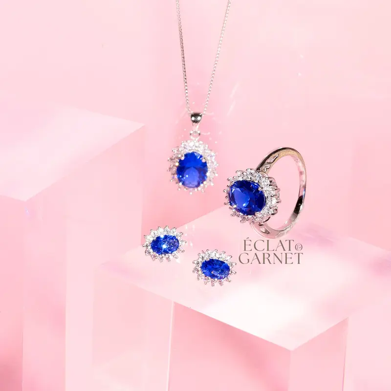 Éclat & Garnet - S925 DIANA SAPPHIRE SERIES NECKLACE EARRINGS Perhiasan Zircon Premium 925 Sterling Silver with 18K Gold Plating Aksesoris Wanita Lapis Emaa Elegant 0