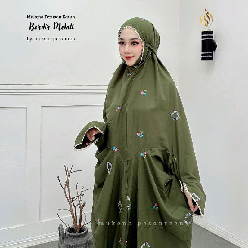 Mukena Terusan Bordir Tabur Motif Melati Katun Mikro Cantik Dewasa Kain Nyaman Panjang Tebal mukena  tangan langsungan 4