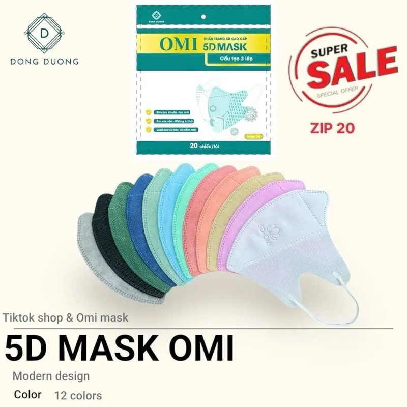 Combo 200 chiếc khẩu trang 5D OMI Mask chính hãng kháng khuẩn 3 lớp người lớn ( TÚI ZIP - 20 chiếc /1 túi )