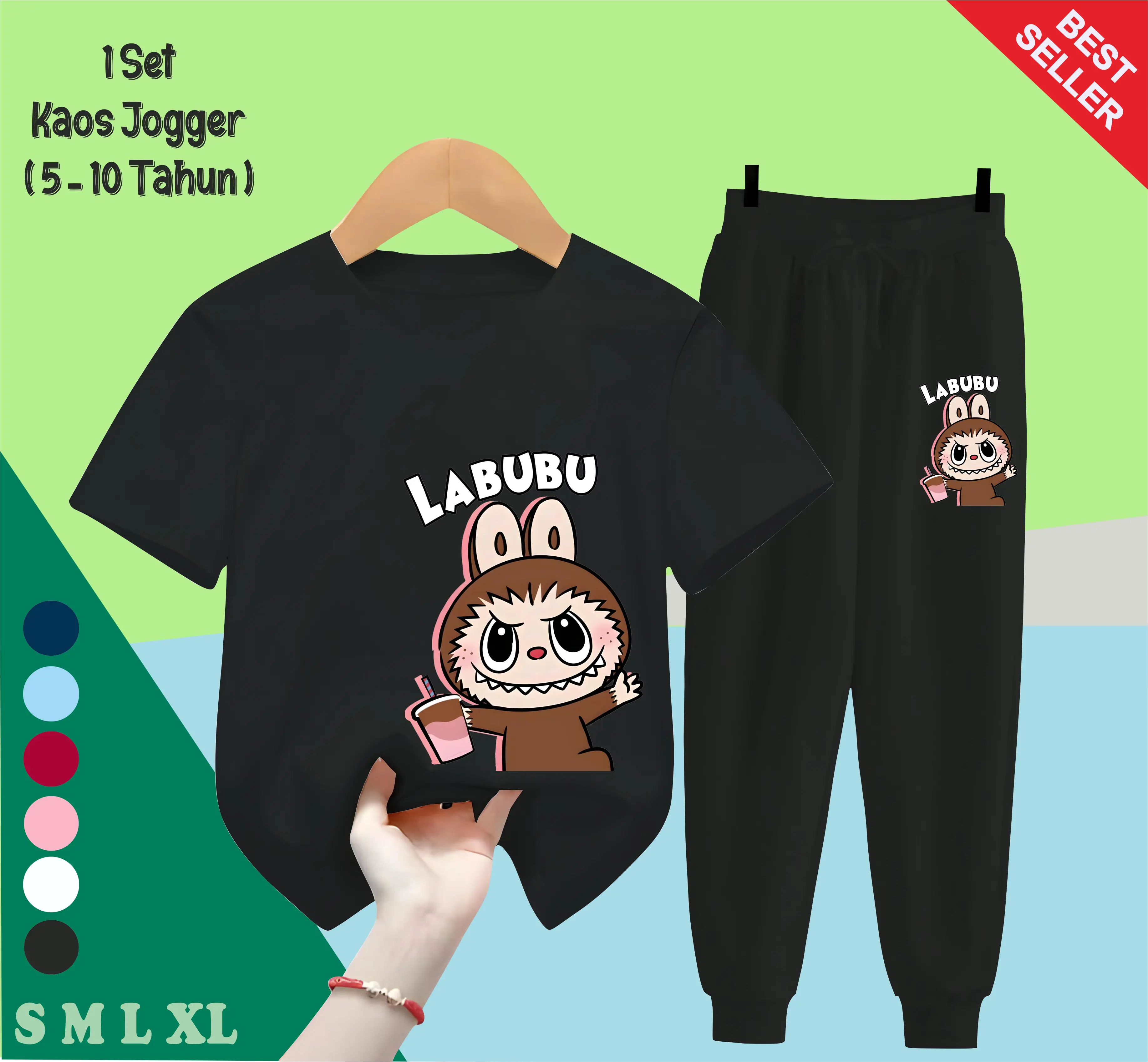 Setelan Kaos Celana Panjang Anak Laki Laki Stelan Set Baju Fashion Anak Perempuan Labubu Boba Usia 5 -15 Tahun