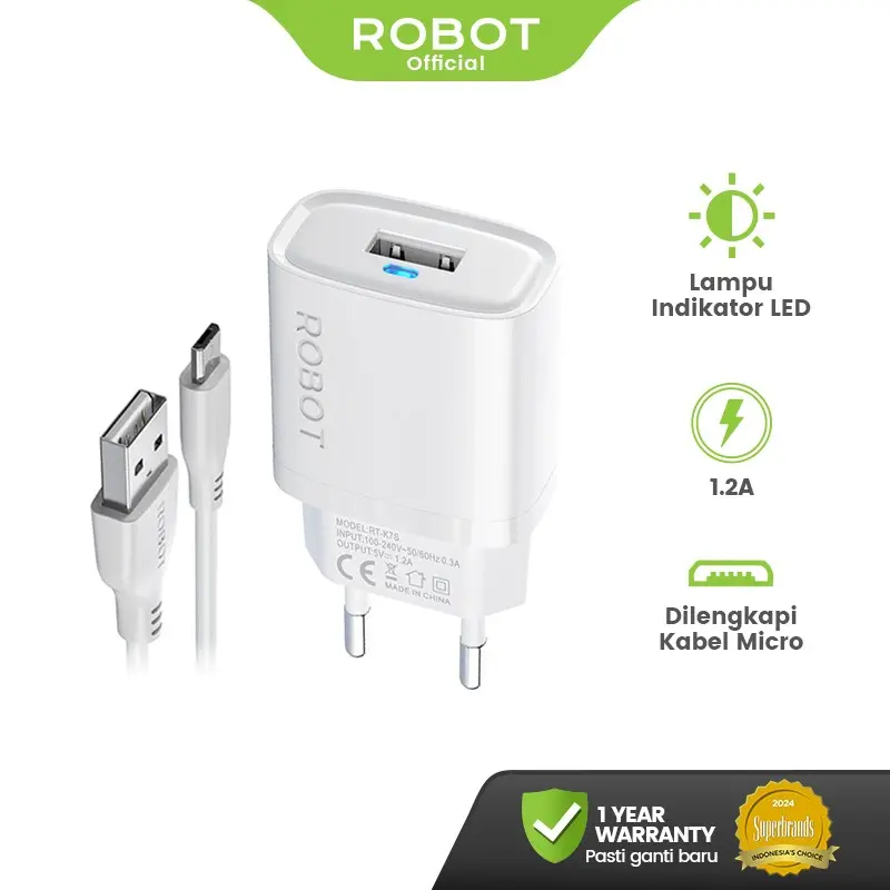 ROBOT RT-K7S Charger 5V/1.2A Free Kabel Micro Safe Charging Original-Garansi 1 Tahun 0