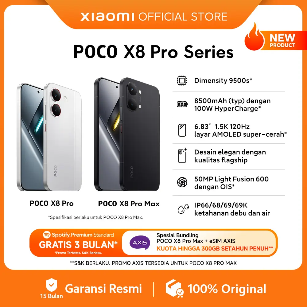 POCO X8 Pro Series | POCO X8 Pro Max (12GB/512GB)  (12GB+256GB) | POCO X8 Pro (12GB+512GB) (8GB+512GB) (8GB+256GB) | Dimensity 9500s* | 8500mAh (typ) battery dengan 100W HyperCharge* | HP Gaming [Xiaomi Official Store]
