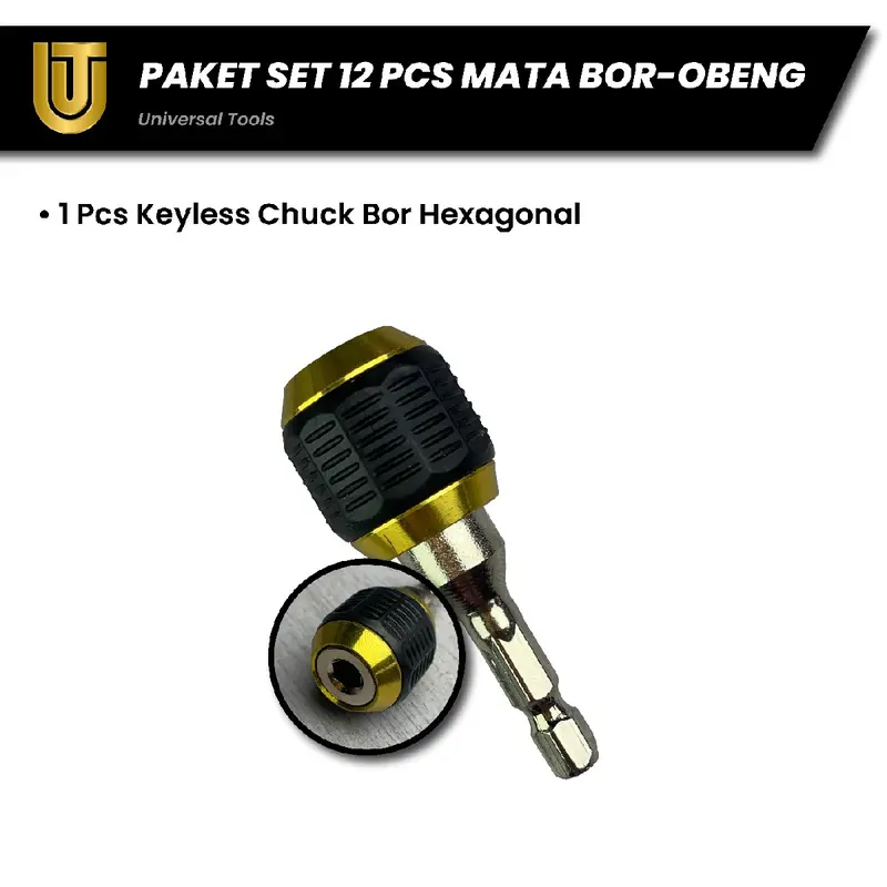 Peket Set 12 pcs: 1 pcs keyless Chuck kepala bor hexagonal, 1 pcs Ekstensi kepala bor L shape, 5 pcs set mata bor countersink sekrup, dan 5 mata obeng magnet ph2. 3