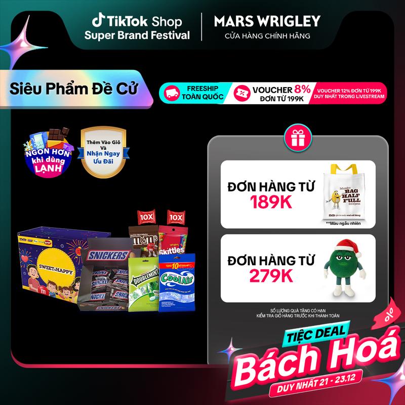  FAMILY BOX - 1 Túi Cool-Air 50 gói + 10 gói Kẹo socola M&M's vị sữa 14.5g + 10 gói kẹo trái cây Skittles 15g + Hộp kẹo socola Snickers 12 thanh 20g và 1 Túi kẹo ngậm DoubleMint 30 gói 