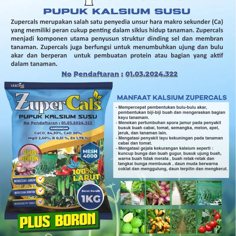 Zupercals Pupuk Pelebat Daun Bawang, Perbesar Daun, Kalsium+Boron Percepat Pertumbuhan Tunas Baru Anti Kuning Dan Anti Hama Penyakit Kemasan 1KG 3