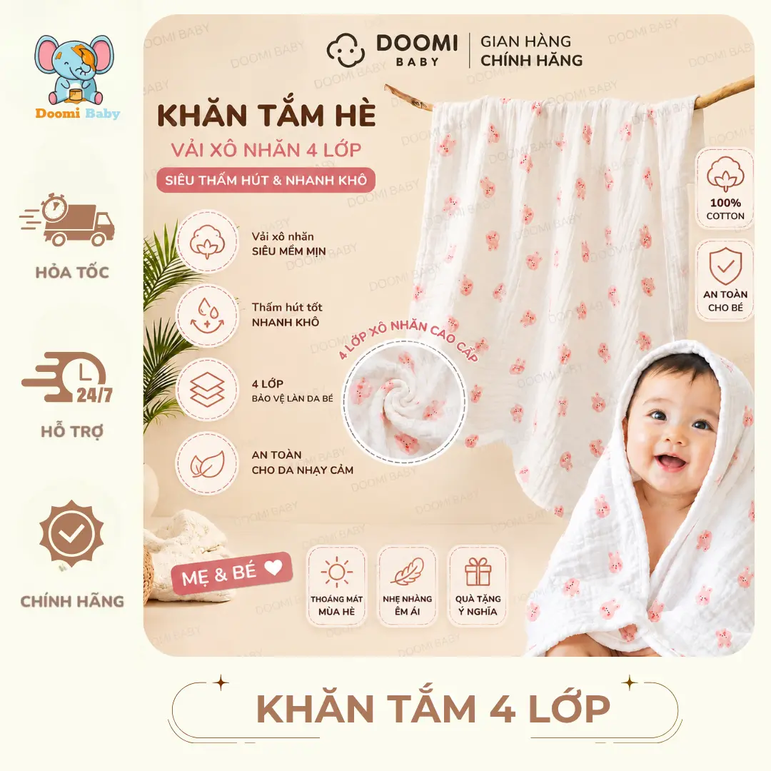[Deal Sốc] Khăn Tắm Cho Bé Xô 4 Lớp 70*90 Mềm Mịn Thấm Hút Tốt Doomi Baby - HT618 - HT834