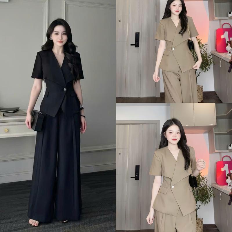 Set Bộ Cổ Thuyền Thiết Kế Nắp Túi Công Sở Dáng Vest Quần Ống Suông Top Nữ By TTN876