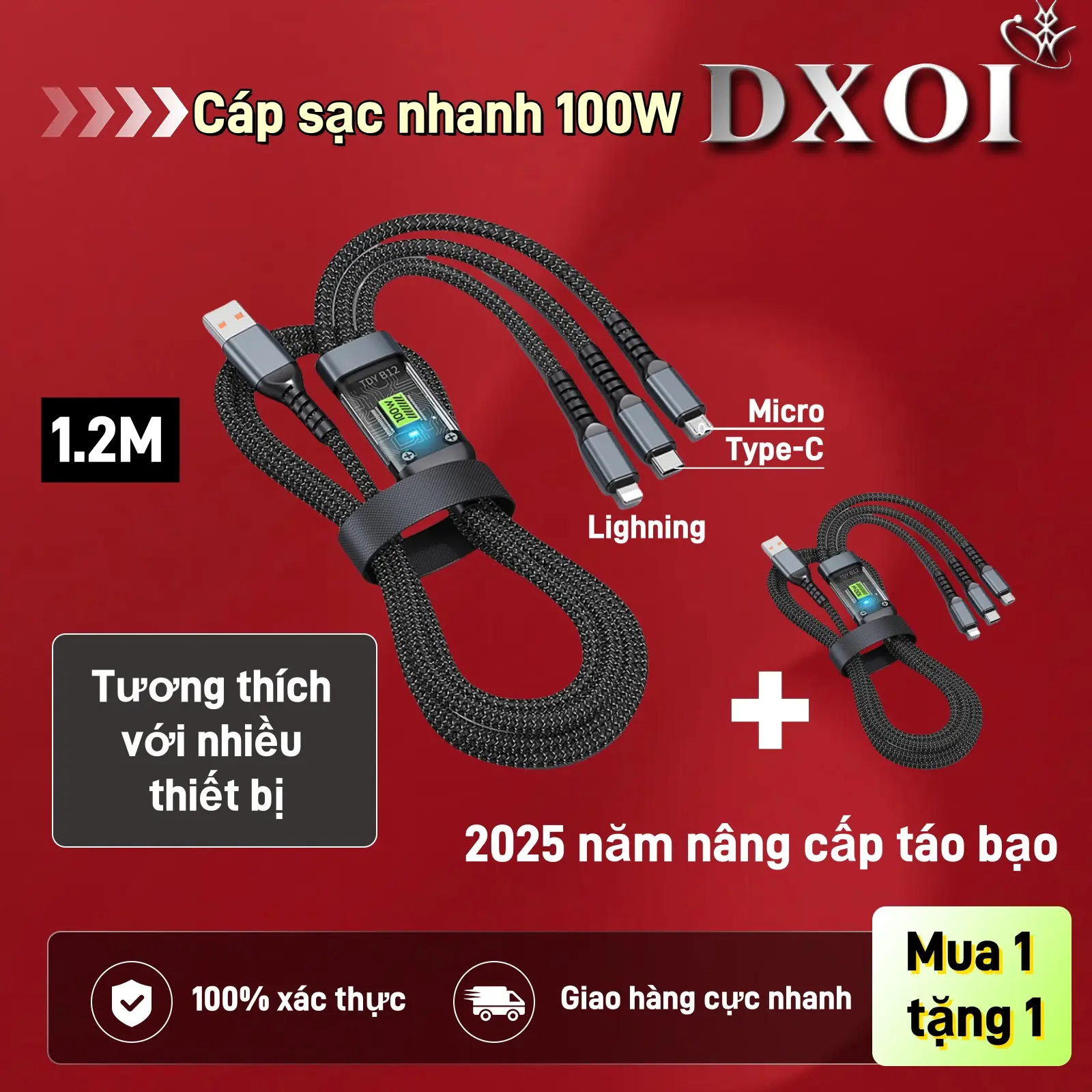 【Chính hãng + Mua 1 Tặng 1】Cáp dữ liệu ba trong một, Sạc siêu nhanh 100W, Sạc nhanh 66W, Thích hợp cho Huawei, Apple và Android, Cáp sạc điện thoại di động ba trong một, [Thanh Toán Khi Nhận Hàng]