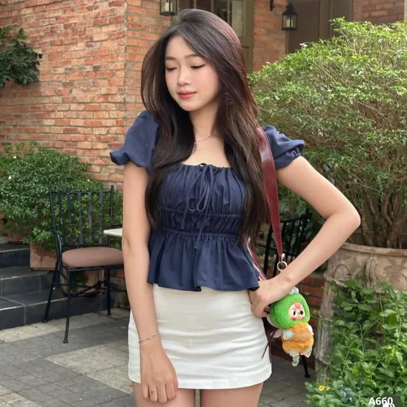 BARE_Áo kiểu tay bồng cột nơ chất linen Áo babydoll tiểu thư dễ thương bo chun thân xinh xắn_A374 Nữ Top Women Nhung