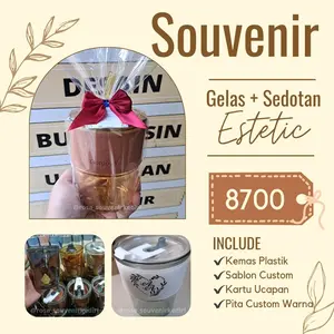 SOUVENIR GELAS + SEDOTAN ESTETIK SABLON | KEMAS PLASTIK