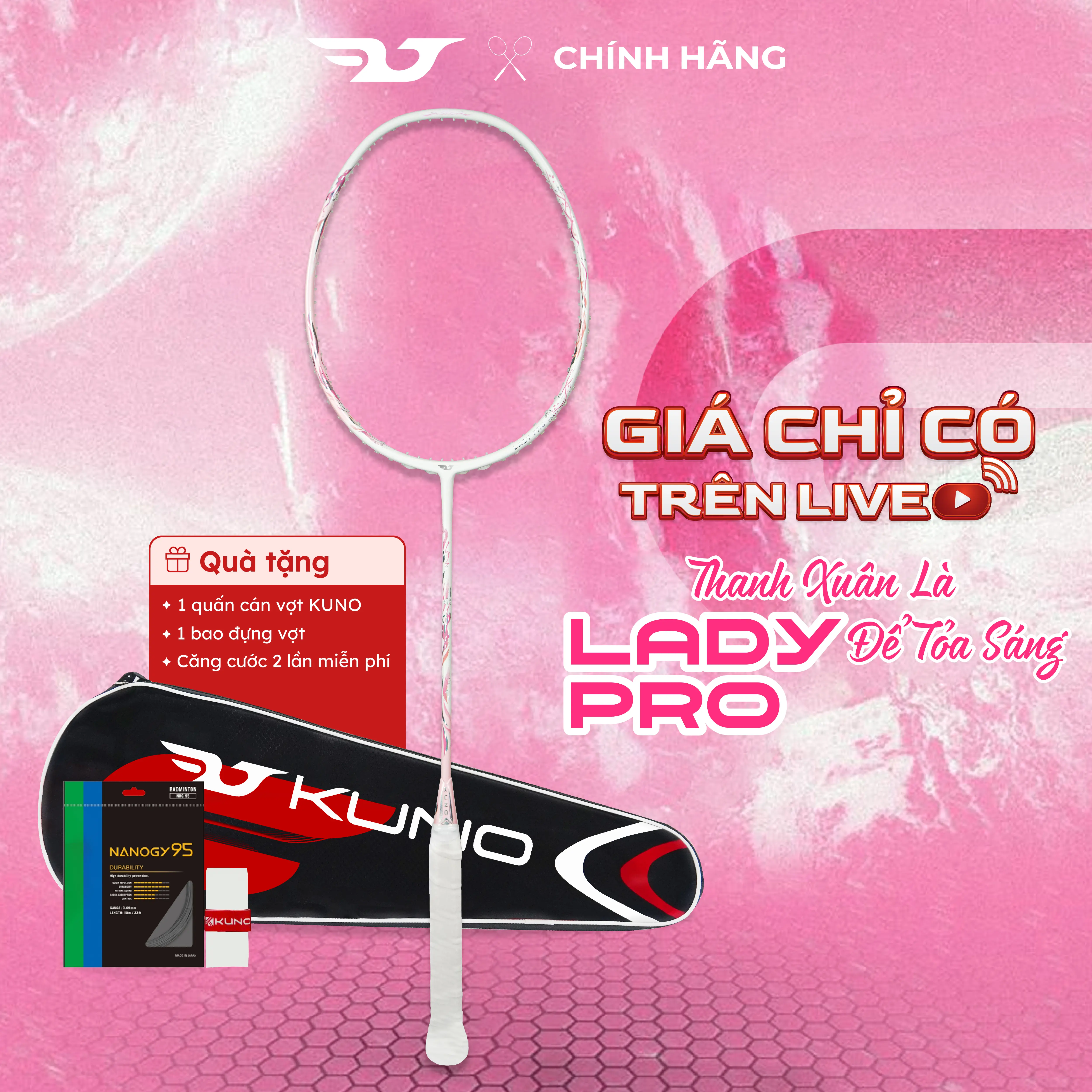 Vợt Cầu Lông KUNO LadyPro Chính Hãng, Siêu Nhẹ 6U, Full Carbon Cao Cấp, Dễ Chơi, Công Thủ Toàn Diện Căng Sẵn 10.5kg