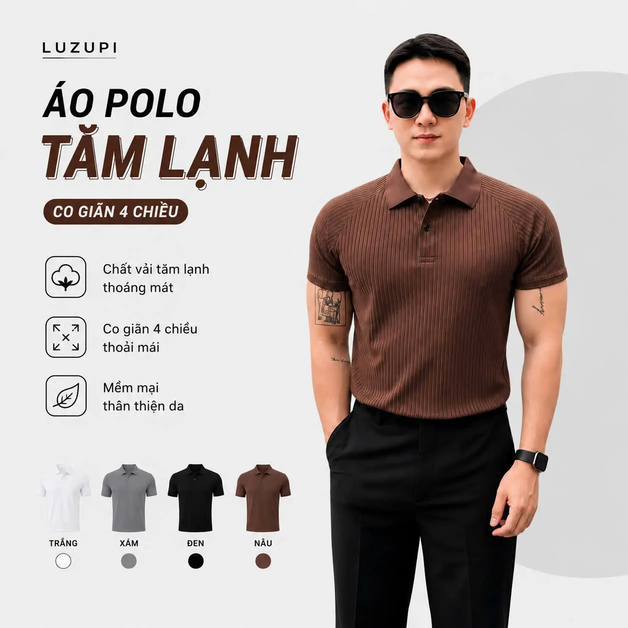LuZuPi Áo Polo Nam Ôm Body Chất Liệu Vải Tăm Lạnh Co Giãn 4 Chiều Thoáng Mát Tôn Dáng Trẻ Trung Dễ Phối #thờitrangnam #áonam #polobody #áomát #áoformđẹp