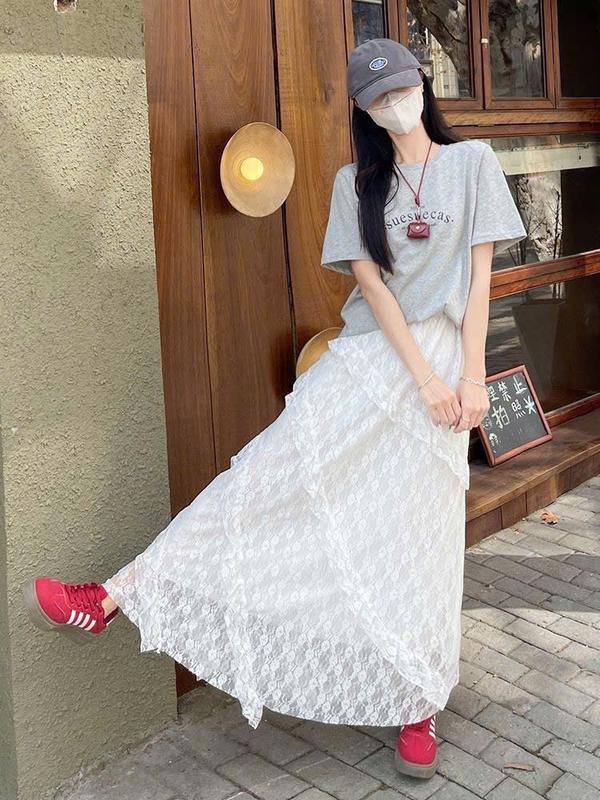 Chân Váy Midi Kèm Lớp Bảo Hộ Chân Váy Dáng Xoè Bồng Cạp Chun Phối Ren Tầng Chất Ren Hoạ Tiết Hoa Nhí Hàng Qccc Camcloset
