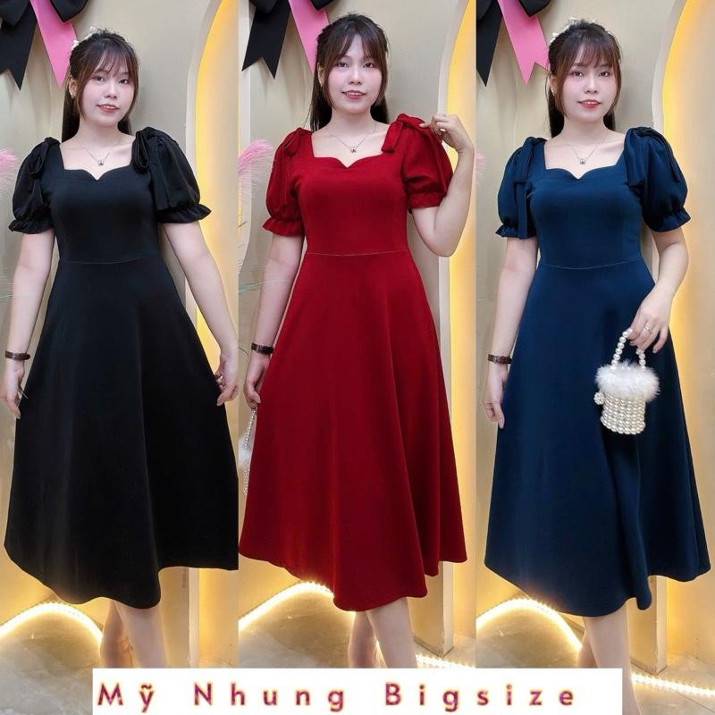 Đầm  Midi dáng xoè trên vai đính nơ xinh xắn Bigsize 60kg đến 95kg Nữ Nhung Nữ Nhung Women Dress