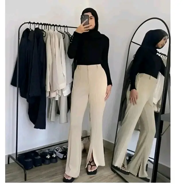 CELANA WANITA CUTBRAY KNIT HIGHWAIST - Model Panjang - Kulot Hitam Bawahan Cewek Dewasa Casual Basic Formal Nyaman Slim Fit Pant 0