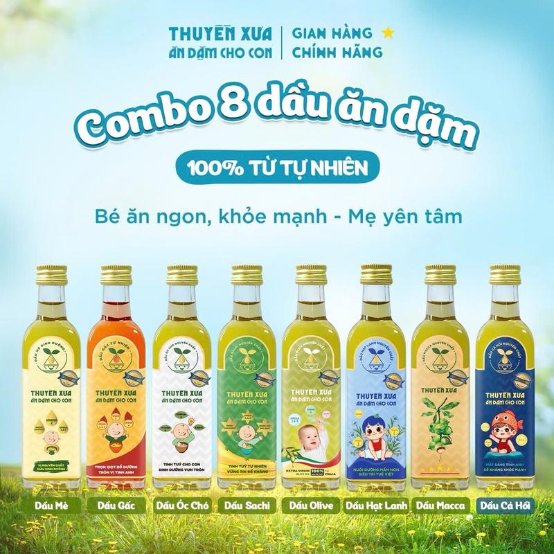 COMBO 8 Dầu Mè - Gấc - Óc Chó - Sachi - Olive - Hạt Lanh - Macca - Cá Hồi Ăn Dặm Thuyền Xưa - 65ml
