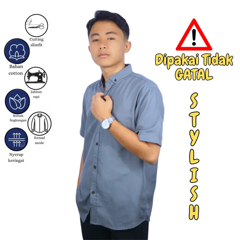 Kemeja Polos Pria Slimfit Casual Baju Formal Katun Distro Softblue Hitam Putih Panjang Tangan Garis Santai DHEEM Pendek Kerja Cowok Kerah Hem Kantor Navy lengan 3