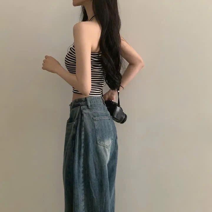 Quần jeans suông nhún hông 3 màu lưng cao dáng basic phong cách đường phố loe bò xanh ống rộng Nữ Women 4