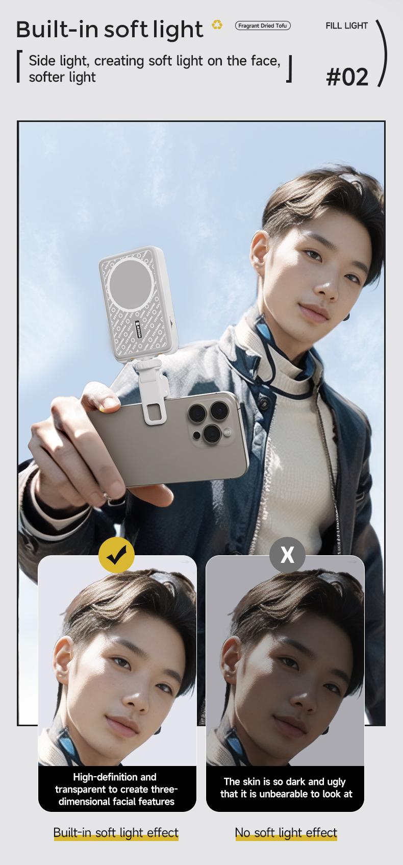 PHOTOOLEX Fragrant Dried TOFU Light - Lampu Atmosfer Langsung Berwarna Penuh Magnetik RGB Multi-Fungsi Fotografi Seluler Fotografi Selfie Isi Cahaya Kamera