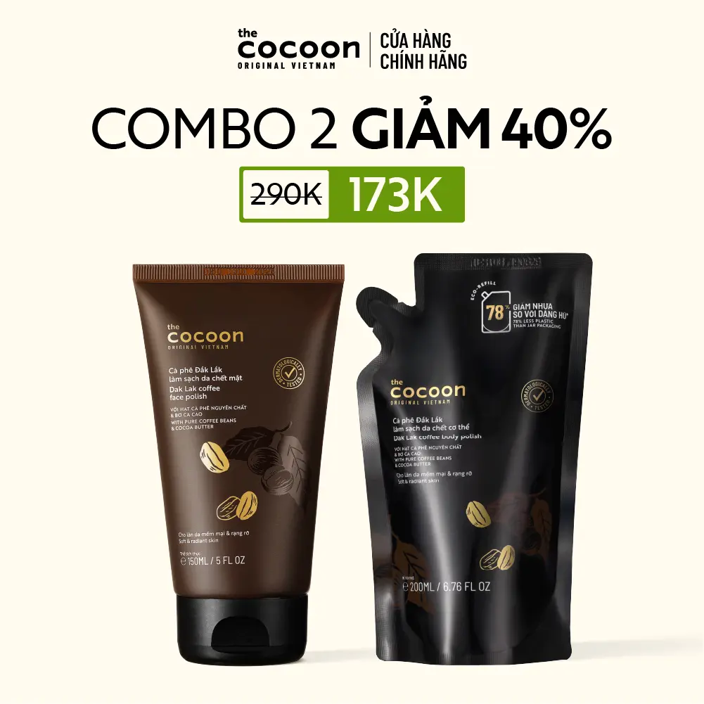 Ảnh đại diện COMBO 1 Tẩy da chết mặt cà phê Đắk Lắk Cocoon 150ml + 1 Túi refill cà phê Đắk Lắk làm sạch da chết cơ thể 200ml