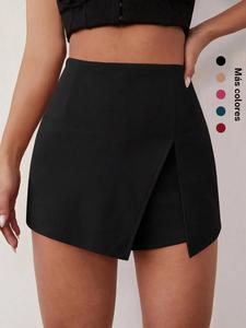 Faldas pantalón sencillas 2 en 1 para mujer con abertura en el muslo y cierre, de cintura alta, Shorts casuales y elegantes de color sólido para uso diario, Ropa de verano para damas