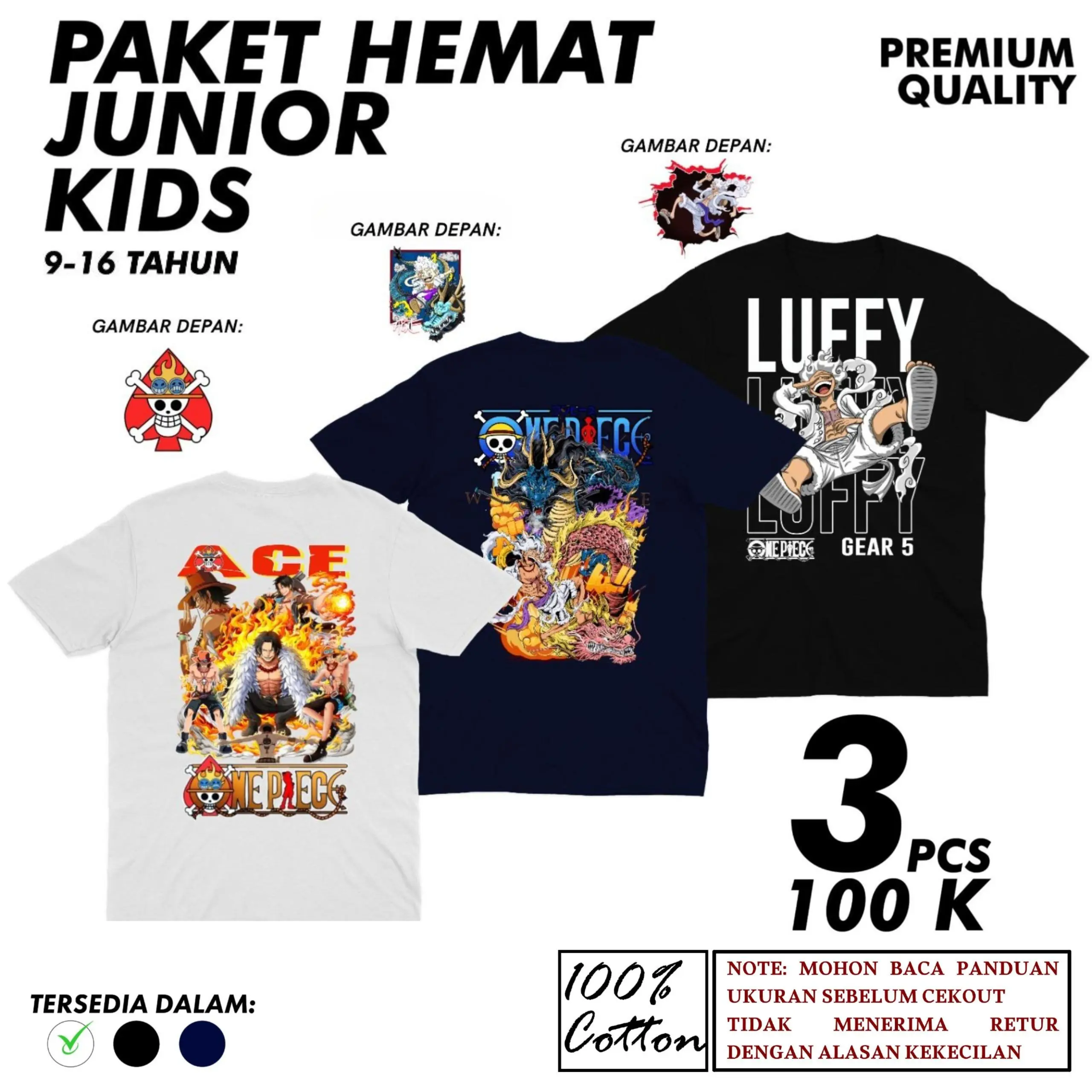 Paket hemat isi 3 pcs 100rb kaos junior usia 9-15 tahun tanggung remaja anime jepang DRAGON BALL GOKU / ONE PIECE LUFFY ZORO / NARUTO Baju Combed Distro Katun fhasion laki laki Pria Keren Nyaman Panjang Sablon Digital Kain Lembut