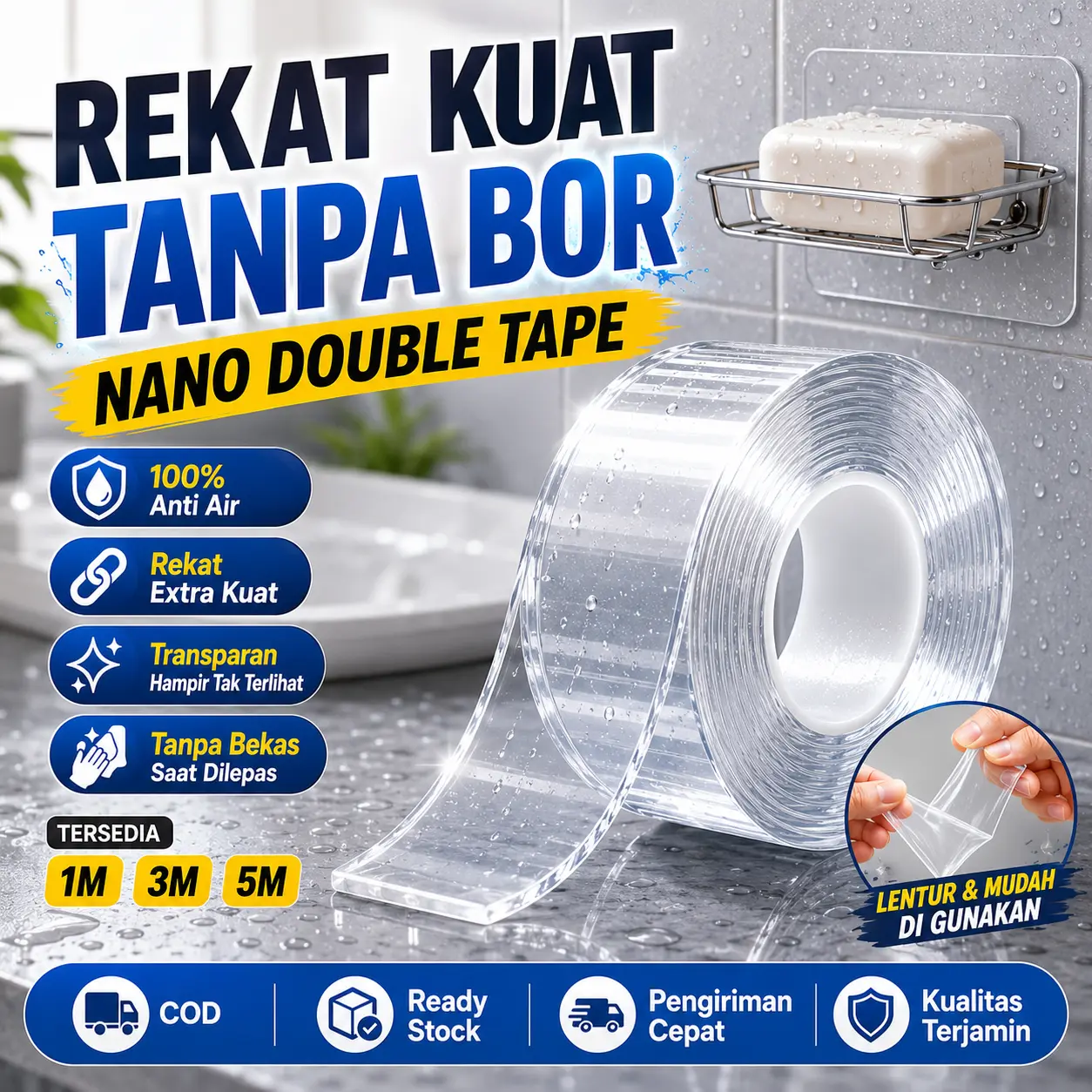 (COD) Perekat Nano Tape Double Sided Super Kuat Tanpa Merusak Cat Dinding Untuk Memasang Rak Hiasan Dekorasi Dapur Rumah COD lakban magic Kain Dua Sisi Bekas Isolasi Solatip