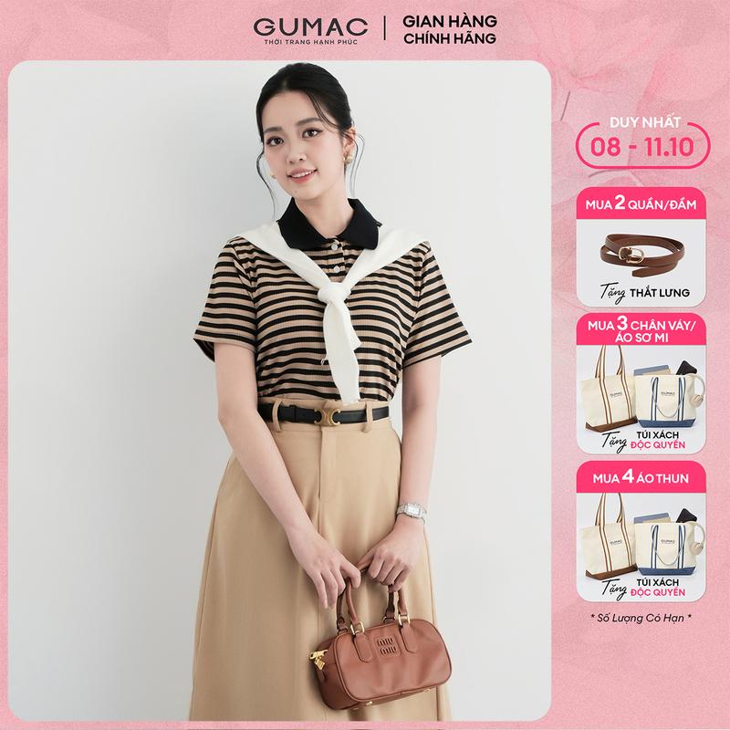 [MUA 4 TẶNG TÚI XÁCH] Áo thun polo nữ sọc ngang thun gân mềm nhiều màu be nâu đen xám thời trang GUMAC ATC08054 - LPLF1103