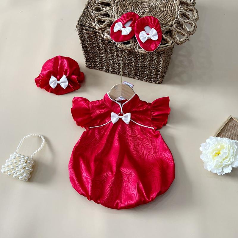 Body cổ tàu màu đỏ cho bé gái sơ sinh size 3-12 kg, 0-1 tuổi, Thôi Nôi, Body, Váy, đầm Quần Tã cho bé gái