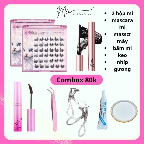 COMBOX 8 món. 2 hộp mi + mascara lông mi + mascara lông mày + bấm mi góc rộng + keo + nhíp + gương trang điểm mắt