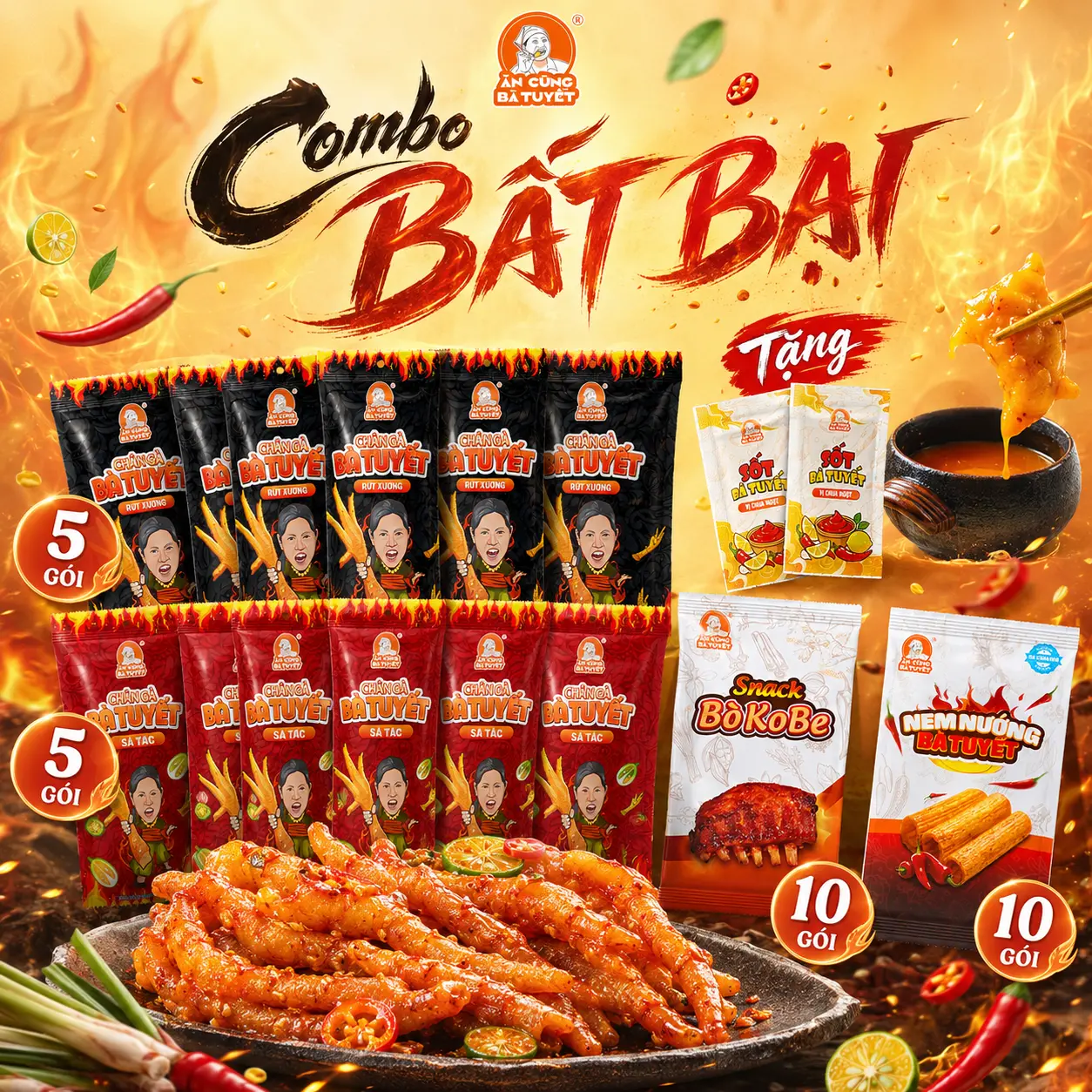 (Tặng 2 gói bim bim)(Tặng 2 goi sốt) COMBO BẤT BẠI - ĐA DẠNG ĂN CÙNG BÀ TUYẾT: 5 chân gà rút xương + 5 chân gà sả tắc + 10 bò kobe + 10 nem nướng