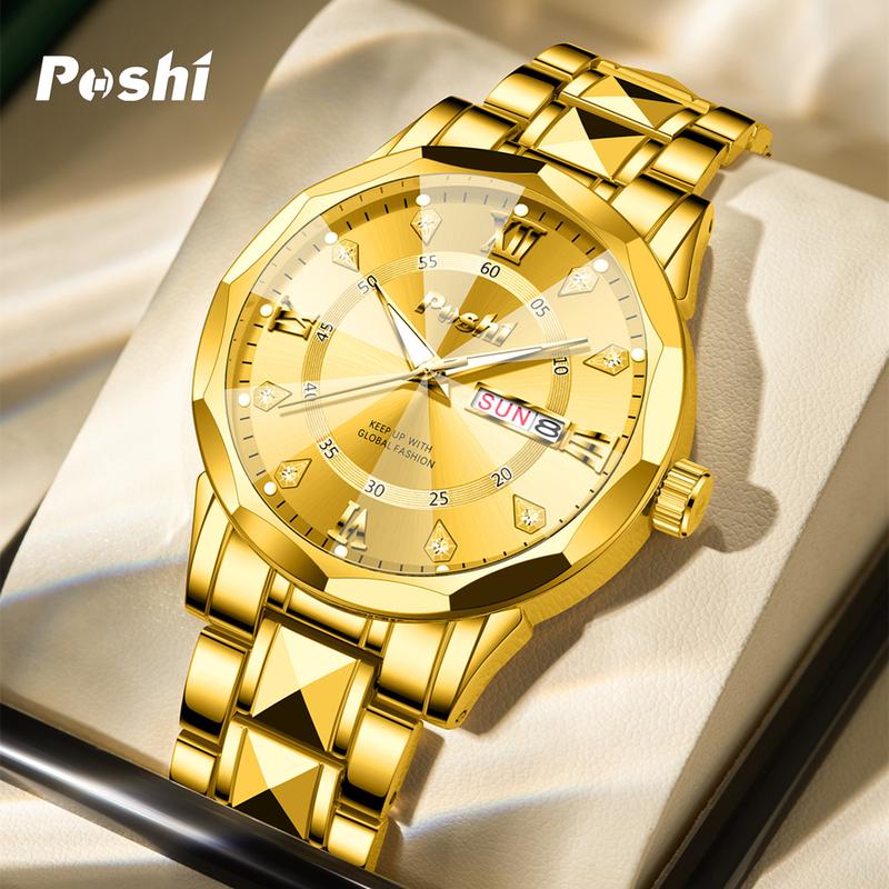 Đồng Hồ Thạch Anh, POSHI Chính Hãng, Dành Cho Nam Giới, Kim Cương Sang Trọng, Đồng Hồ Vàng, Không Thấm Nước, Dạ Quang, Thép Không Gỉ, Phong Cách Doanh Nhân, Đồng Hồ Nam, Đồng Hồ Nam