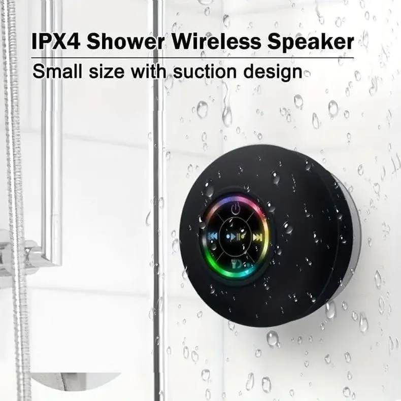NovaMart SG 【New Product Promo】Mini Bluetooth Shower Speaker with Colored LED Light, IPX4 Waterproof – Portable Wireless Speaker for Pool, Bathroom and Home – Hands-Free Speaker, Micro USB Rechargeable, Stereo