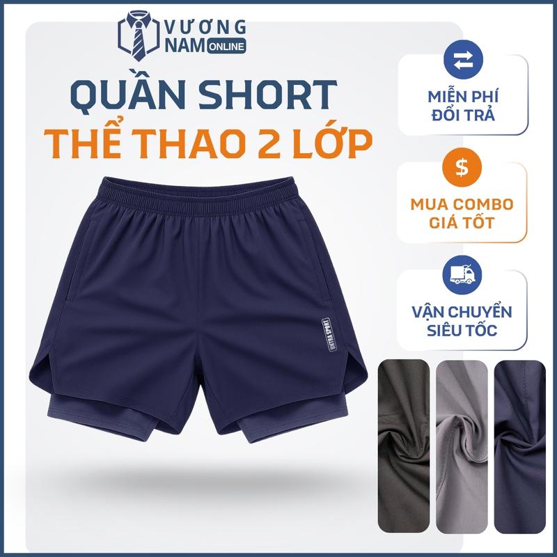Quần đùi thể thao nam 2 lớp tập GYM chạy bộ vải dù gió xẻ chữ V túi sau để ĐT LOGO phản quang VNO173