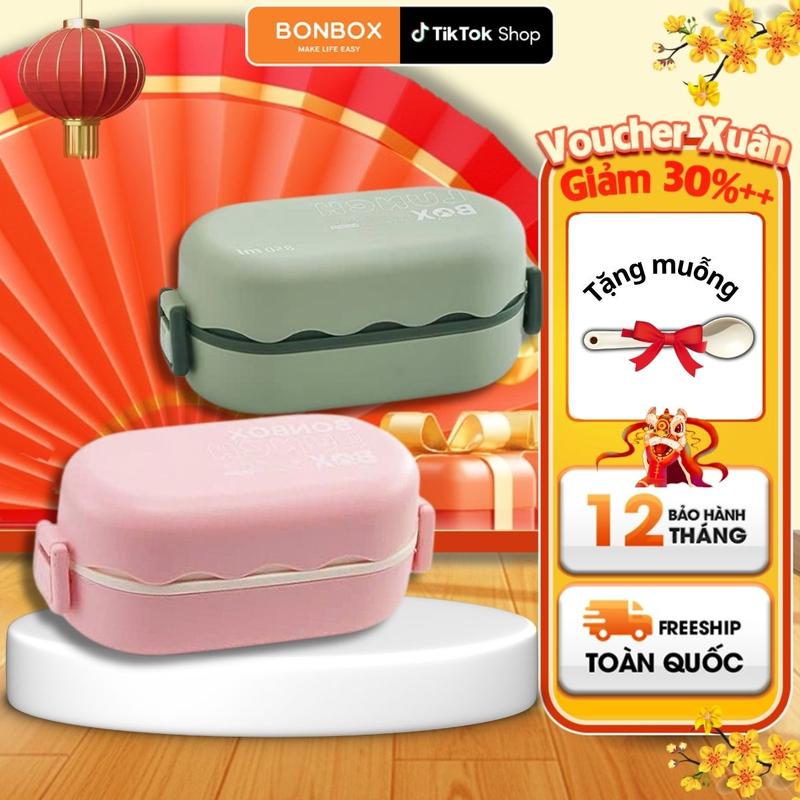   TẶNG KÈM MUỖNG  Hộp cơm văn phòng giữ nhiệt mini 2 tầng cao cấp BONBOX nhiều ngăn tiện lợi BTW30301- Hàng Chính Hãng 