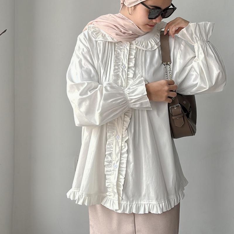LEONIE POPLIN BLOUSE Atasan Baju Panjang Katun Lembut Oversize Wanita Motif Ruffle 5