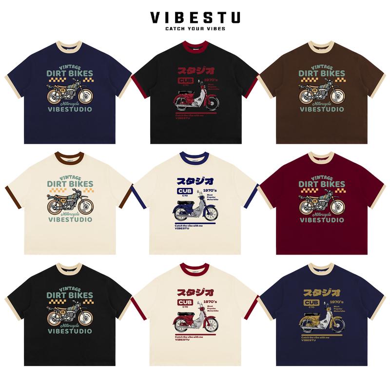  Áo Thun Phối Tay Local Brand VIBESTU " Motobike " Form Big Boxy Rộng Unisex 250Gsm Cotton 