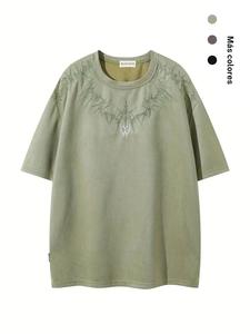 Camiseta con hombros caídos con bordado gráfico para hombre, camiseta holgada informal de manga corta con cuello redondo para el verano, camiseta para hombre de moda para uso diario