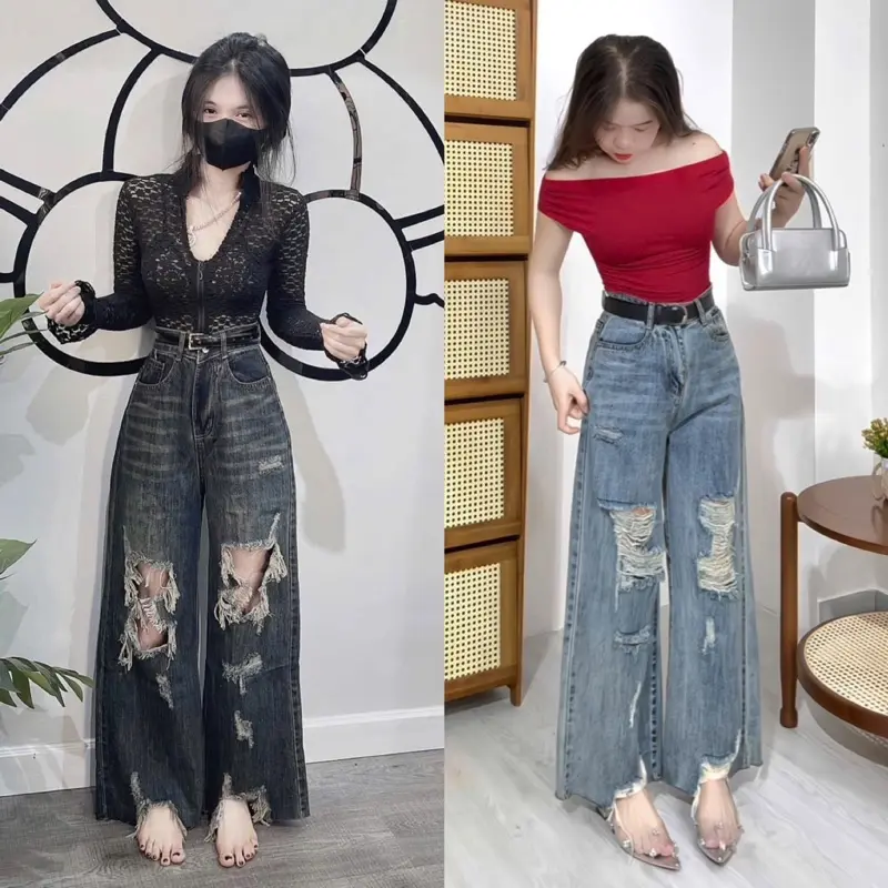 (96/97cm) M33 - Quần Jean Nữ  Suông RỘNG Nấm Rách Nhiều Lai Tua QC . Jean ko giãn . Đủ Size S/M/L - Women Pants Voi Ong ( 6778 )