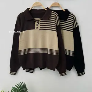 Lunora Sweater Rajut Wanita Premium Vintage Polo Knit Tebal Motif Tali Pita Stripe Korean Style