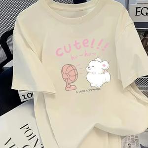 高級トレンドかわいい扇風機付き子猫プリント、女性用半袖Tシャツラウンドネック、ゆったり、純綿カジュアルトップス、ラウンドネック、ショルダーベルト、ゆったりシルエット、通気性、肩落ちデザインプリントTシャツ夏のゆったりタイプ