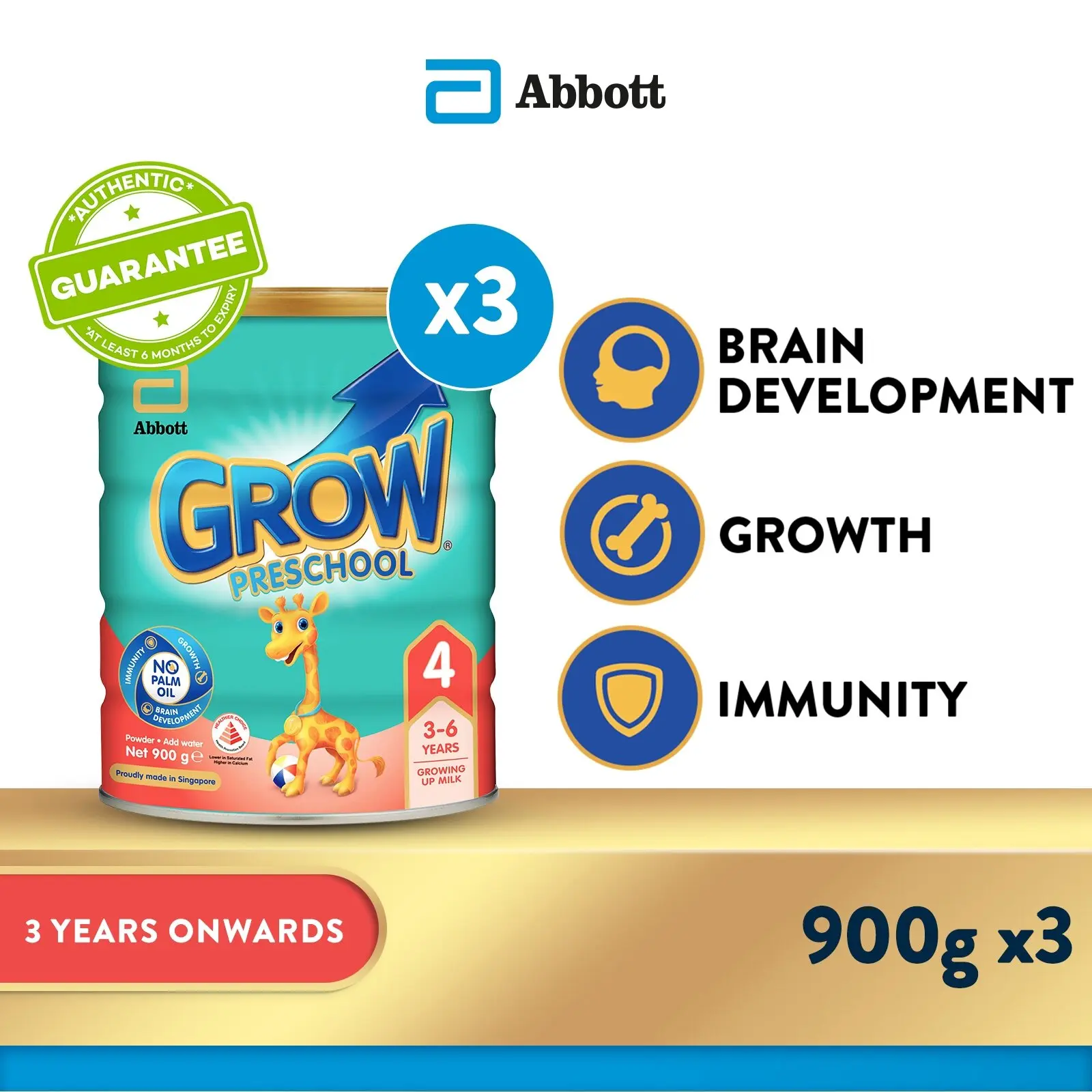 [Bundle of 3]  GROW Growing Up Milk for Kids - Preschool Stage 4 (3 years onwards) - 900g