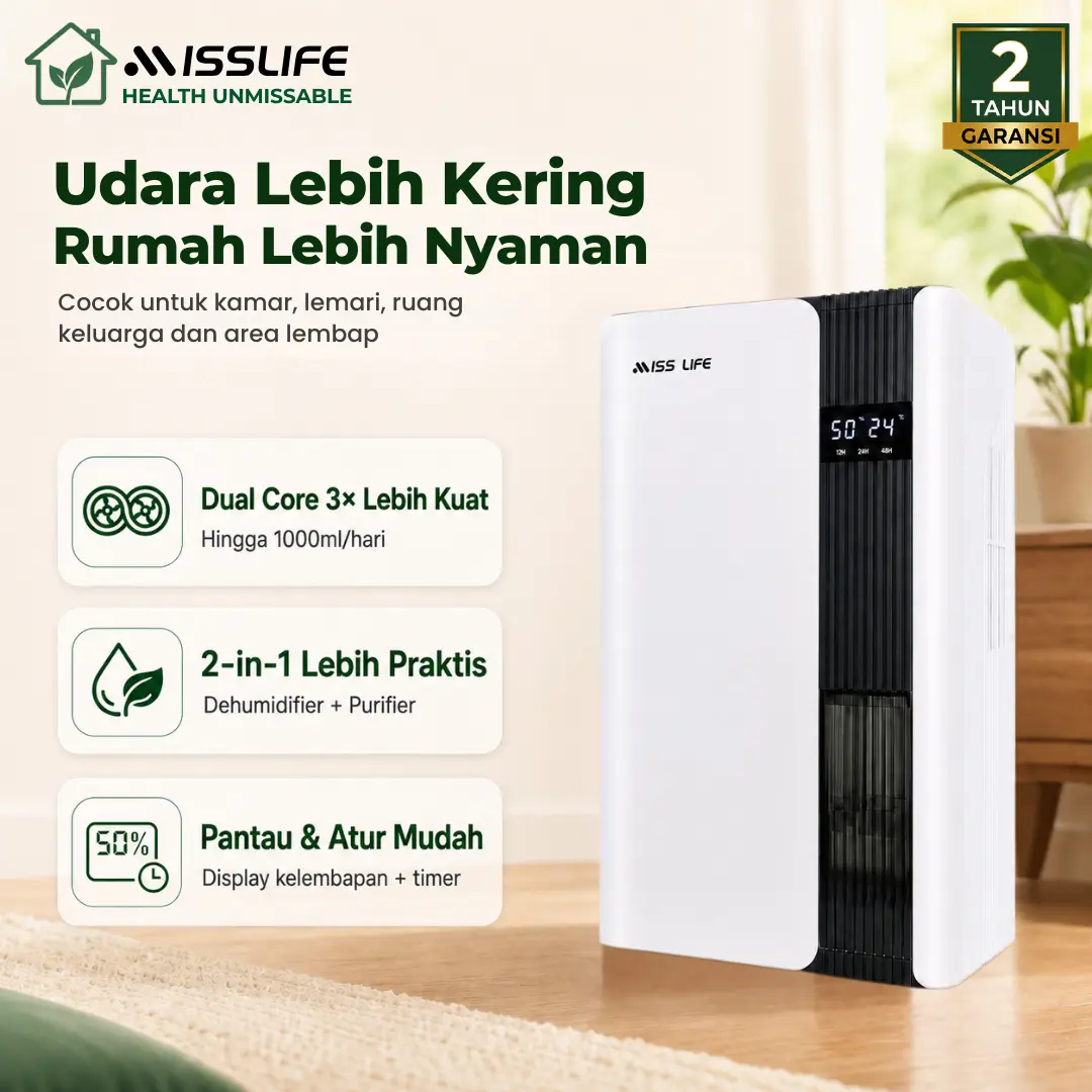 MISS LIFE Dehumidifier 2in1 Air Purifier Penyerap Lembab Ruangan Pembersih Udara HEPA Filter Pengurang Kelembapan Bau Apek Bantu Kurangi Risiko Jamur untuk Kamar Tidur Lemari Kamar Mandi Ruang Tamu Rumah Apartemen